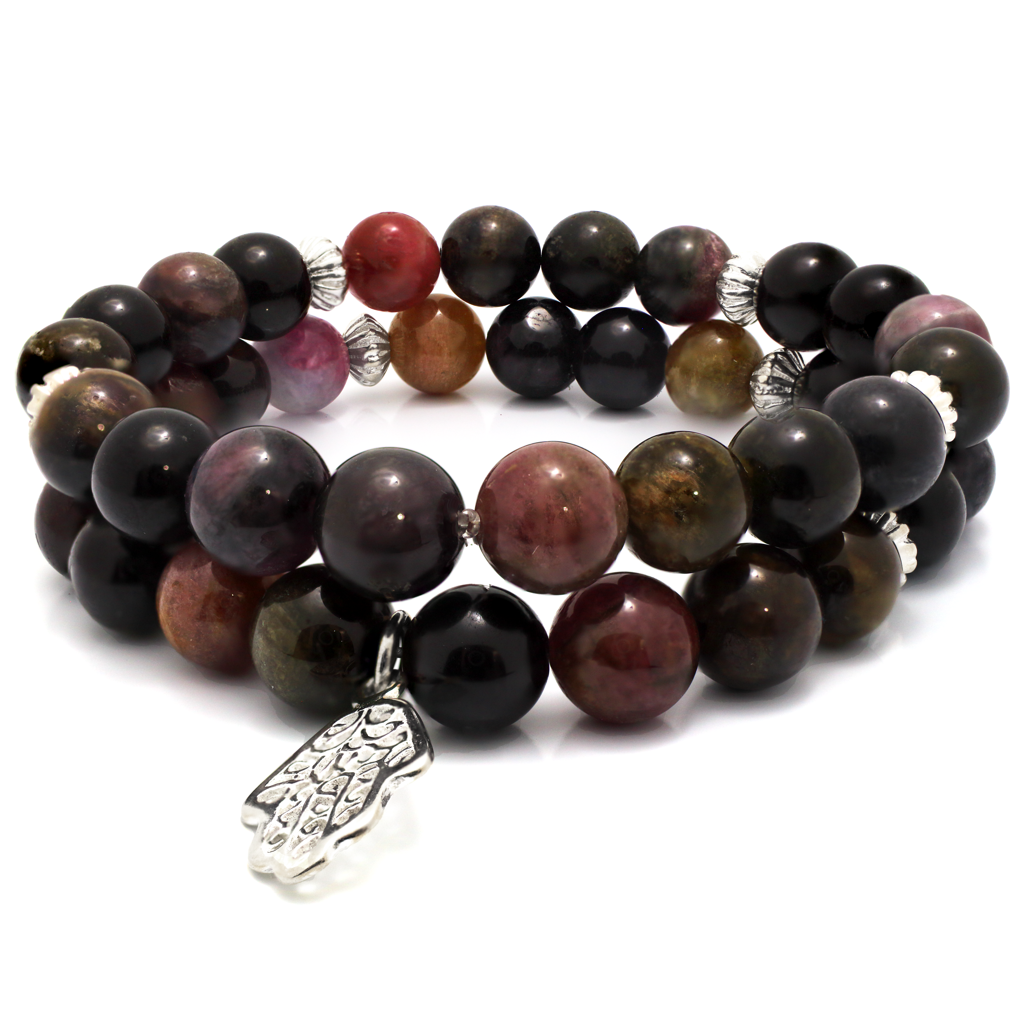 Pink Tourmaline and Silver Hamsa Charm Bracelet Set 1